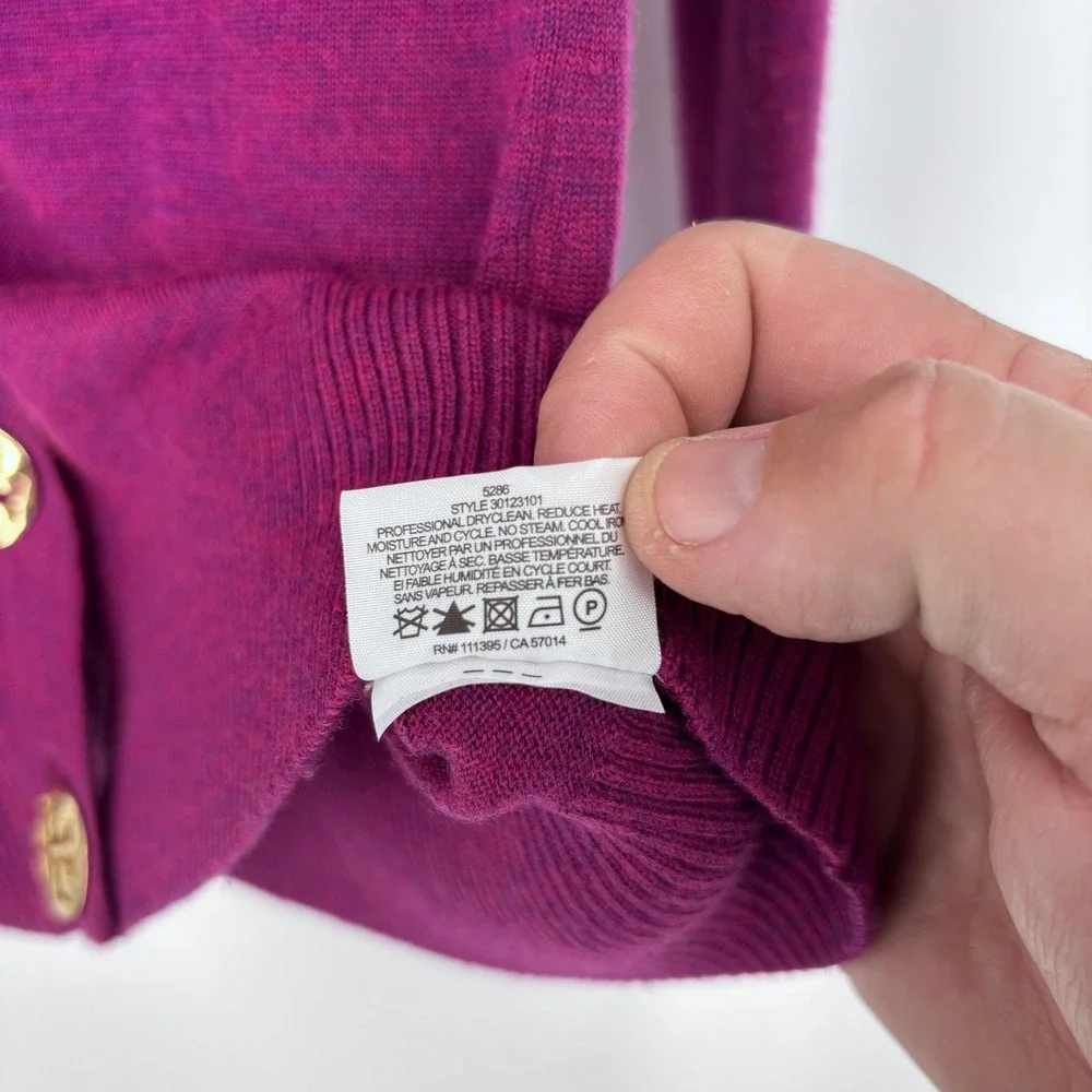 Tory Burch Simone Cardigan Women S Purple Merino Wool Logo Button Sweater V-Neck
